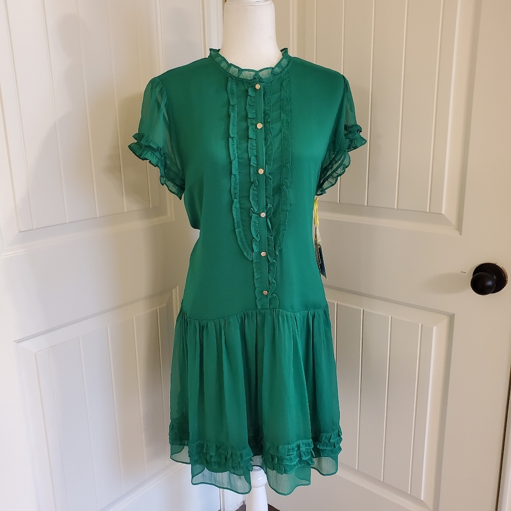 Cece NWT Short Sleeve Mini Drop Waist Dress -Green